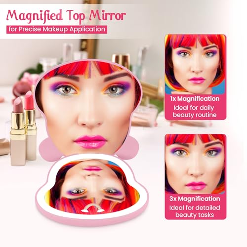 Impressions Vanity Care Bears Cheer Bear Beary Cute LED Compact Mirror for Purse, Travel Lighted Makeup Mirror with 3X Magnification, Adjustable Brightness, Touch Sensor, and Figural Shaped Design