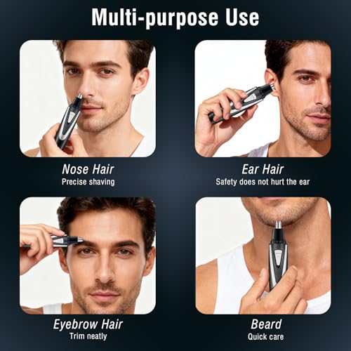 2Pcs Nose Hair Trimmers for Women Men, Precision Painless Multifunctional Ear and Nose Hair Trimmer, Waterproof No Pull & Snag Battery Operated Nasal Cutter for Ear, Eyebrows, Beard Grooming