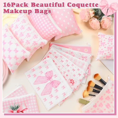 Kacctyen 16 Pack Pink Bow Makeup Bag Bulk Coquette Cherry Cosmetic Bag for Women Girly Wedding Aesthetic Pouch Lovely Heart Strawberry Preppy Pouch Zipper Gift Coquette Birthday Party Favor Supply