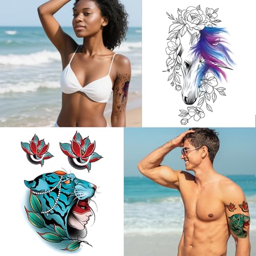 VERKSTAD Christmas 12 Sheets Half Arm Temporary Tattoos For Men and Women, Tiger Dragon Waterproof Temp Tattoo Stickers Adults, Hand and Body Art Realistic Tattoo Flower Animals