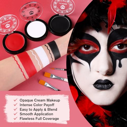 Goth White Foundation + Black Red Face Body Paint for Halloween Makeup, Face Painting Kit with Brushes Facepaint Set for Adults Clown Vampire Skull SFX Make Up Costume Cosplay Party Theater Stage