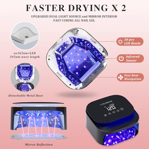 Cordless UV LED Nail Lamp with 6 Nail Art Brushes and 2 Dotting Pens, 60W Rechargeable Nail Dryer Gel Polish Light, Auto Sensor and LCD Display, Portable 30 Beads LED Nail Light with 4 Timer Setting