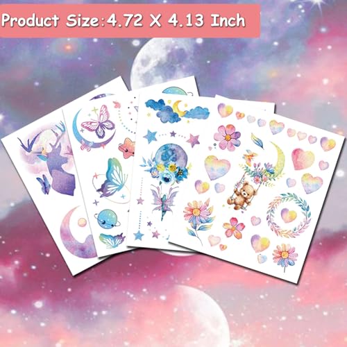 Glitter Tattoos for Girls Women, 12 Sheets Glitter Butterfly Moon Flowers Mermaid Temporary Tattoos for Girls Birthday Party Supplies Gifts Decoration
