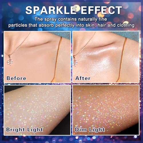 DAMUSI Silver Body Glitter Spray, Shiny Hair and Body Glitter Spray for Clothes, Holographic Glitter Hairspray Quick-Drying Long-Lasting Shimmer Highlighter Powder for Festival Concert Party Rave Prom