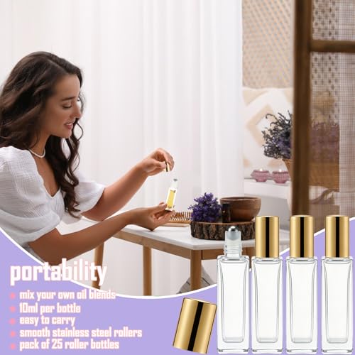 25 Pcs 10 ml Roller Bottles for Essential Oils, Square Thick Empty Glass Roller Bottles with Stainless Steel Roller Balls Protection Leakproof with 2 Funnel for Travel, Gold