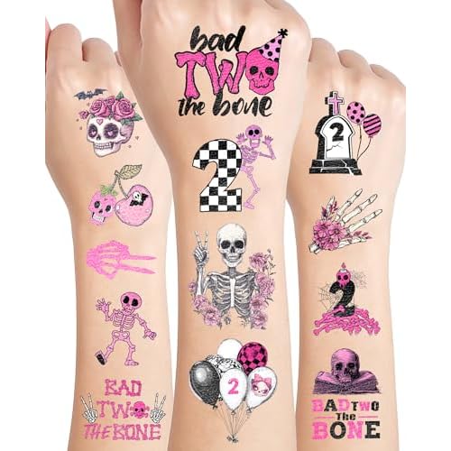 192 Pieces Bad Two The Bone Black and Pink Temporary Tattoos Stickers,20 Sheets 2nd Birthday Skeleton Themed Tattoos Stickers Party Decoration Supplies Party favors