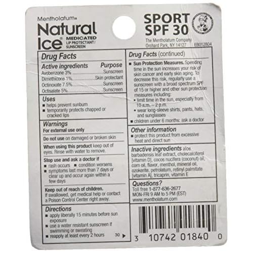 Natural Ice Mentholatum Sport Medicated Lip Protectant With Spf 30 Sunscreen, 0.15 Ounce (Pack of 2)