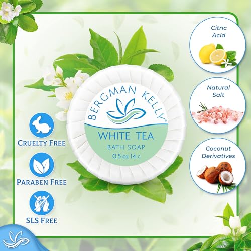 BERGMAN KELLY - Hotel Soap Bars - White Tea, 0.5 oz, 100 PK - Travel Size Luxury Bulk Amenities Bar Soap - Mini Individually Wrapped Round Soap - Small Toiletries for Airbnb, Motel, Guest Bathroom