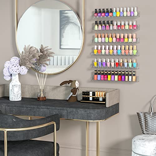 15 Inch Acrylic Nail Polish Rack for Wall Set of 6, Wall Mounted Nail Polish Display Rack with End Caps, Nail Oranizer and Storage for Nail Tech, Hold Up to 90 Bottles (15 Inch)