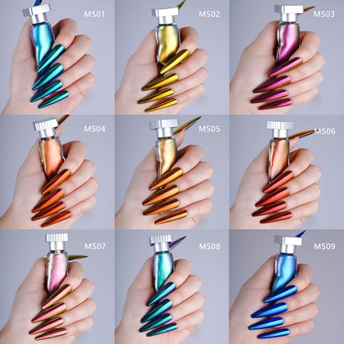 Liquid Holographic Powder Gradient Liquid Nail Aurora Powder Chrome Rainbow Mirror Effect Pigment High Gloss Metallic Gel Nail Polish for Home DIY Nail Salon Manicure 9 Colors