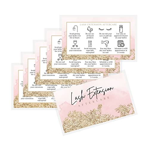 Lash Extension Aftercare Cards | 50 Pack | 2x3.5" inch Business Card Size | Eyelash Extension Supplies | Lash Aftercare | Pink Watercolor and Gold Design