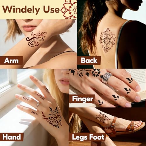 136 Pieces Henna Tattoo Stencil Kit, Temporary Tattoos Stencils Kit with 6 Pcs (Brown/Black/Red) Ink, DIY Face Body Art Painting Kit for Festivals Wedding Party