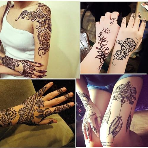 Temporary Tattoo kit£¬4Pcs Tattoo Cones,100% Natural Ready to Use Black Tattoo Paste, India Body DIY Art Painting for Women Men Kids with 20 Adhesive Stencils, 1 Bottle, 4Nozzles