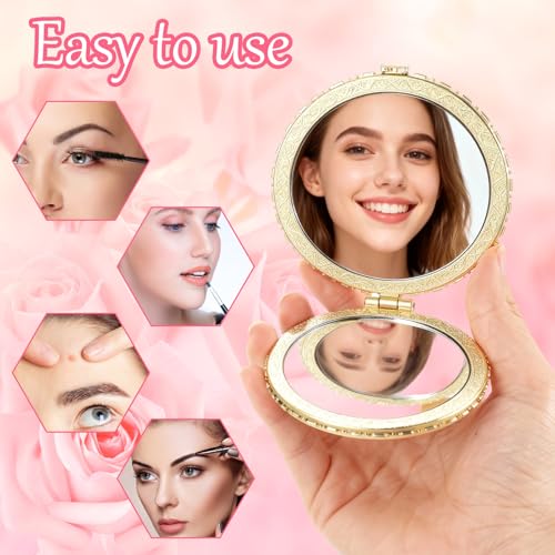 16 Pcs Compact Mirrors for Purse Bulk Small Flower Pocket Mirror Vintage Portable Floral Folding Tea Party Favors Return for Women Birthday Wedding Makeup Travel, Gold Edge