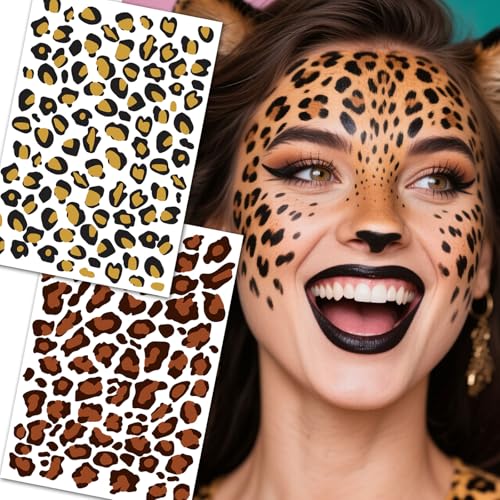 8 Sheets Leopard Print Temporary Tattoos for Women - Waterproof Fake Animal Print Tattoo Stickers for Body, Face & Nails | Tiger Cheetah Makeup Decals for Costume Party, Halloween & Music Festival