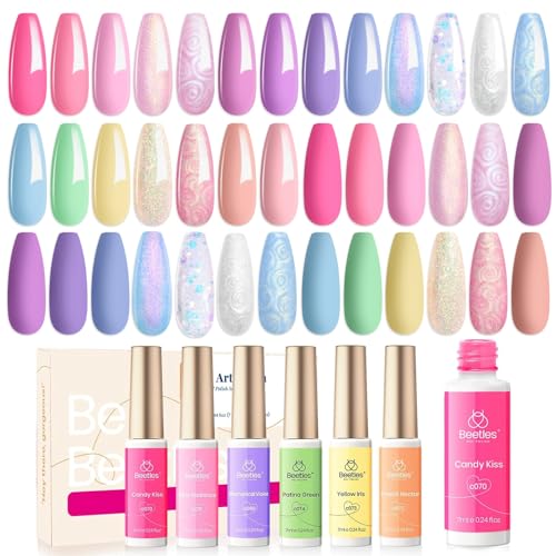 beetles Gel Polish Nail, 20 Colors Pastel Pink Blue Purple Chameleon Glitter Gel Polish and Beetles Nail Art Polish Set 6 Colors Pastel Yellow Green Nude Pink Purple Orange Gel Liner Nail Art Kit