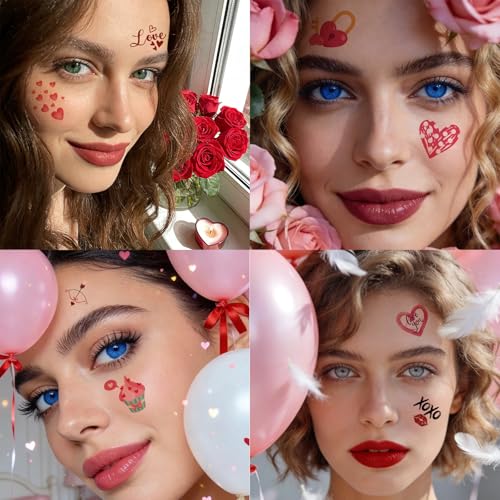 28 Pcs Valentine's Day Face Tattoos, Kiss Love Heart Tattoos Temporary, Red Fake Temporary Tattoo for Women Girls Valentine Makeup Accessories