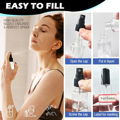 100 Pack 2oz/55ml Plastic Small Spray Bottles Mini Travel Spray Bottle with Black Cap Empty Fine Mist Spray Bottles Refillable Liquid Container for Perfumes Travel Makeup