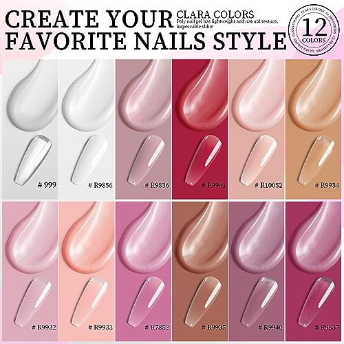 Clara Colors Poly Gel Nail Kit, 12 Colors Poly Kit All In One Poly Nail Gel Starter Kit withTools for Nail Art DIY at Home and Salon