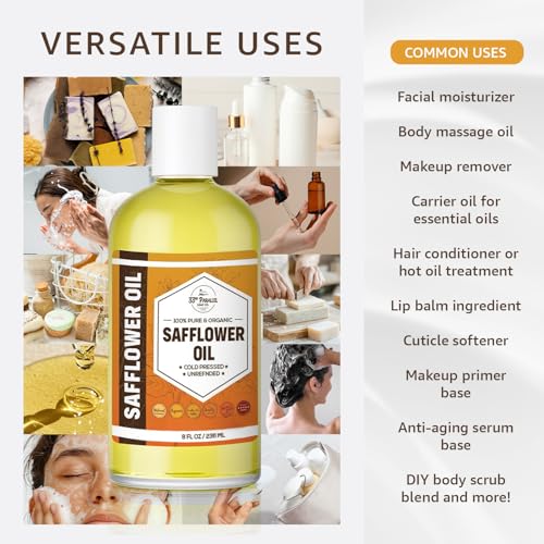 ORGANIC SAFFLOWER OIL (8 oz) Premium Cold Pressed Unrefined High Oleic 100% Pure Safflower Oil for Skin, Face, Hair, Soap Making | Carrier for Essential Oils | Available in Bulk | 8 FL OZ