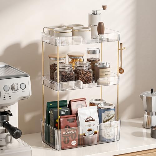 Bathroom Counter Organizer for Vanity, Makeup Organizer Countertop with Holder, Large Capacity Storage Rack, Perfect Large Skincare, Hair Care, Perfume, Easy to Install (Clear, 3Tiers)
