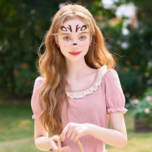 Christmas Reindeer Face Tattoos Glitter Temporary Tattoo Cute Deer Fake Tattoos Eyes Face Gems Stickers for Women Girls Christmas Halloween Holiday Party Supplies 2Pcs