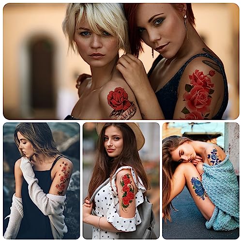 21 Sheets Sexy Flower Temporary Tattoos for Women, Waterproof 3D Bright Flora Tattoo Stickers for Girls, Rose, Peach Blossom, Chrysanthemum Various Tattoo Flower Temporary Fake Tattoos
