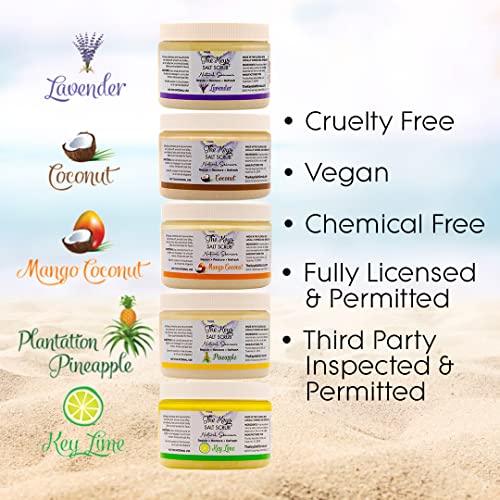 The Keys Salt Scrub -Sea Salt Scrub - Exfoliating Body Scrub with Wooden Spoon - Moisturizing Exfoliator for Hands, Foot, Bath, (3.4 Ounce (Pack of 3), Mango Coconut)