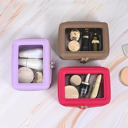 Aveniee Clear Makeup Bag for Women, Small Toiletry Travel Bag with Zipper, Portable Cosmetic Organizer Pouch for Skincare, Car Organizer Storage Bag for Essentials, Mocha Brown,Medium Classic