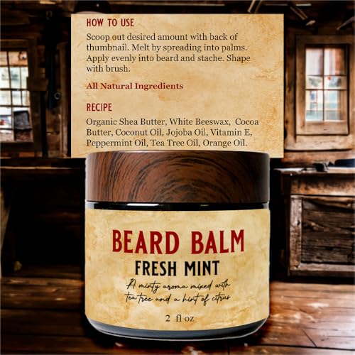 Whiskey & Granite Beard Balm ? Made in USA ? 100% Natural, Scented Beard Styling Balm for Men, 2 oz (Fresh Mint)