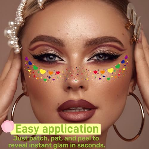 Glitter Freckles Rainbow Pride, 6-Pack Face Tattoo Sparkle Heart Freckles Makeup Patches for Face Rave Accessories (Pride Rainbow)