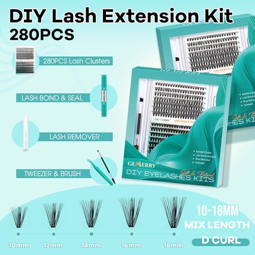 GEMERRY Lash Extension Kit 30D+40D Lash Clusters 10-18mm Individual Lashes Clusters Waterproof Lash Bond and Seal Remover Tweezers Brush