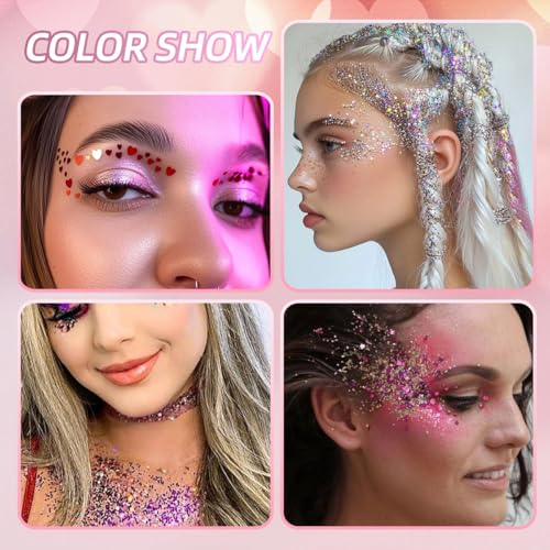 Red Body Glitter Face Glitter Red Hair Glitter Gel Festival Face Paint Rave Makeup Glitter Valentines Face Gems 6 Shapes Fine Chunky Glitter Gel for Women Girls