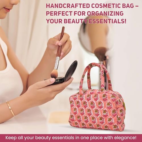 Handmade Cotton Quilted Travel Bag|Floral Hand Block Print Toiletry Bag,Cosmetic Pouch Bag |Floral Cosmetic & Toiletry Pouch for Women|Makeup Bag For Women - (light pink)