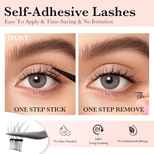 Self Adhesive Eyelashes Natural Wispy Clusters Press on Lash No Glue Needed Eyelash 10-12mm C Curl With Lash Tweezers Easy Apply on Lashes for Beginners (Daisy Style)