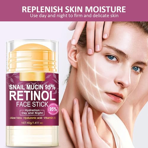 Hydrating Face Balm Stick with 95% Snail Mucin, Retinol and Hyaluronic Acid Multi Balm Stick Moisturizer for Day and Night Deep Hydration, Moisturizer Stick for Face Anti Wrinkle Skin Repair,1.41Oz