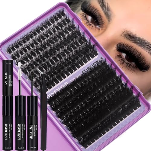 Lash Clusters Kit 100D+200D Thick Volume Eyelash Clusters Kit 12-22mm Long Cluster Lashes Eyelash Extensions Kit Individual Clusters Lashes Kit DIY at Home D Curly Lash Extension by FOINEMYED