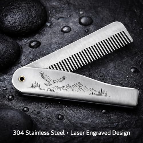 IN SELECT 304 Stainless Steel Folding Bread Comb for Men, Metal Pocket Comb, Static-Reducing Design, Travel Grooming Tool for Hair & Beard, Laser Engraved EDC Gift (Mountain & Eagle)