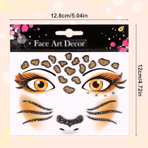 Leopard Print Temporary Tattoos, Self-Adhesive Leopard Face Jewels Cheetah Face Stickers for Halloween Costume Party Accessories