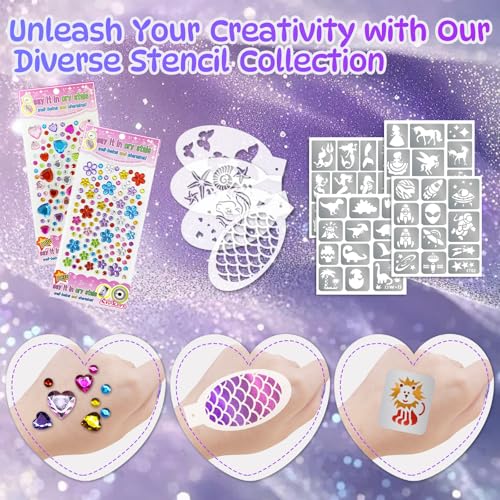 58 Pieces Face Paint Stencils and Brushes Kit, Incledes 36 Reusable Facial Painting Stencils, 6 Sheets Tattoo Stencil Stickers, 10 Brushes, 2 Pack Adhesive Gems, 4 Sponges for Party Festival Makeup
