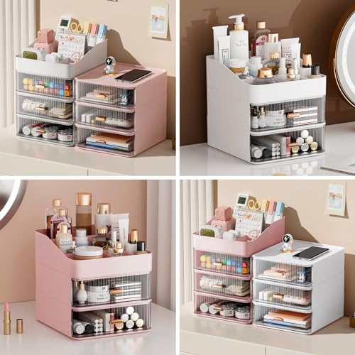 DASITON 6 Slots Makeup Brush Holder,Makeup Organizer,Makeup Brush Holder with 2 Drawers,Divided Makeup and Makeup Storage Holder,for Cosmetics(Pink-F1)