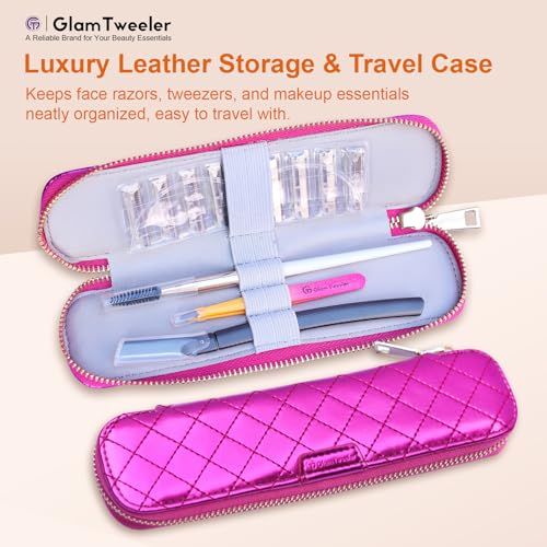 Women's Dermaplane Face & Eyebrow Razor Kit with GlamTweeler Slant Tweezers, Spoolie Brush, and Luxury Leather Storage & Travel Case + 10 Refill Blades (Black)