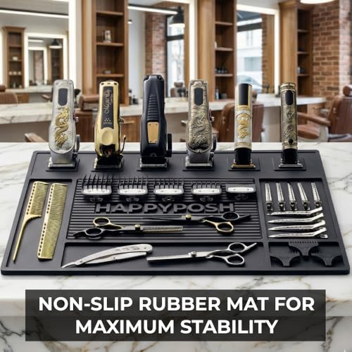 Magnetic Barber Mat for Clippers, Large Professional Barber Station Mat with 6 Strong Magnets, Non-Slip Rubber Barber Tool Organizer for Salon Stations, 20" x 14" Black
