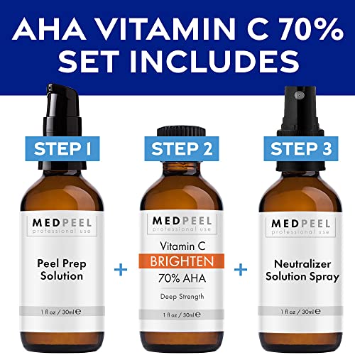Medpeel 70% AHA & Vitamin C Brightening Essential Chemical Peel at Home Kit, Includes Peel, Prep, Neutralizer, Deep Strength Professional Grade Chemical Face Peel, Reduces Age Spots, 1oz/30ml