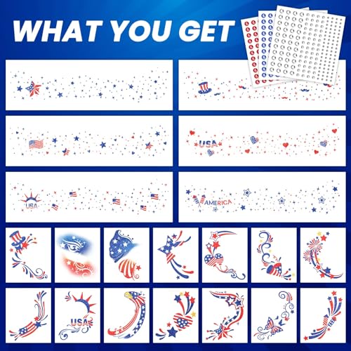 EMOME 4th of July Decorations, Independence Day Glitter Faux Freckles Face Tattoos with Red White Blue Face Gems, Patriotic Stickers Makeup Accessories for Fourth of July, Memorial Day, Labor Day