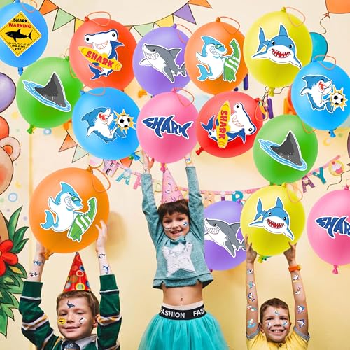 72 PCS Shark Party Favors ? 48 Pre-Cut Temporary Tattoos & 24 Shark Punch Balloons Themed Birthday Party Decorations Supplies Favors Gifts Goodie Bag Fillers Classroom Rewards for Boys Girls