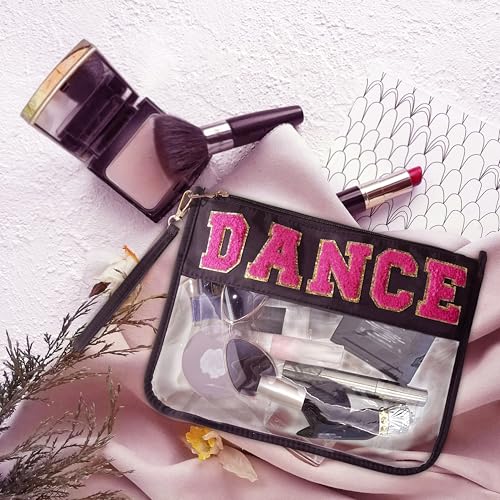2PCS Dance Makeup Bag Ballet Competition Accessories Chenille Letter Preppy Patch Cosmetic Bag Flat Clear Toiletry Waterproof Zipper Pouch for Women Teacher Appreciation Gifts (Black)