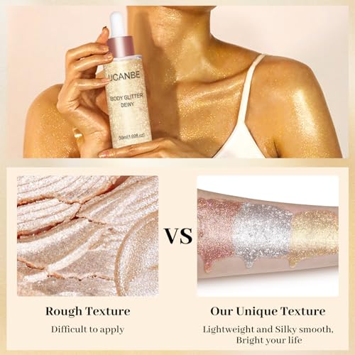 UCANBE 3 Pcs Face Body Glitter Liquid Highlighter Illuminator Dewy Drops with Makeup Brush, Makeup Sparkle Shine Luminizer Enhancer Body Shimmer Tint 50ml/1.69oz x 3 (3Pcs, Standard)
