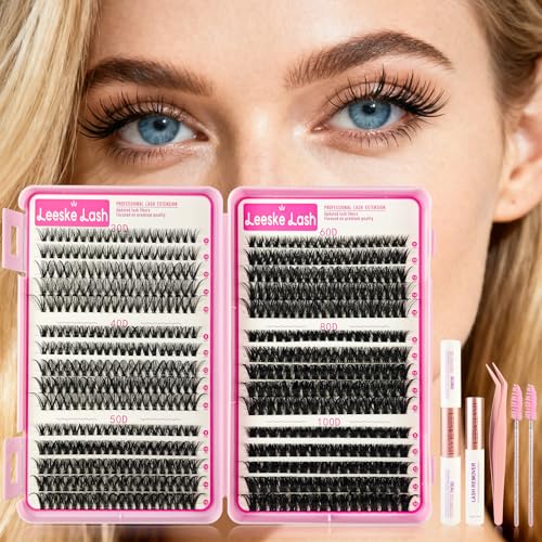 Lash Clusters Kit Eyelash Extension Eye Lashes Individual Natural Waterproof Fluffy Wispy D Curl DIY,9-16mm Bond and Seal Tweezers 30D+40D+50D+60D+80D+100D