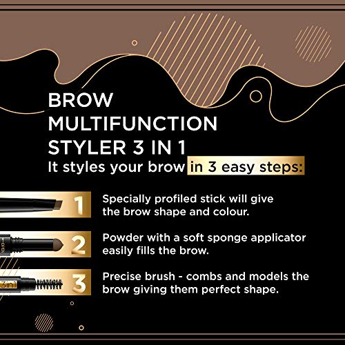 Eveline Cosmetics Brow Styler 3-in-1 Durable Multifunctional Eyebrow Pen | Medium Brown Eyebrow Make Up | Precision Brush | Natural Effect | Powder with Applicator